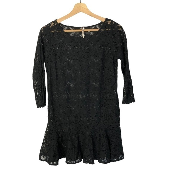 Free People Black Sheer Lace Ruffle Hem Mini Dress 4 - Picture 1 of 5